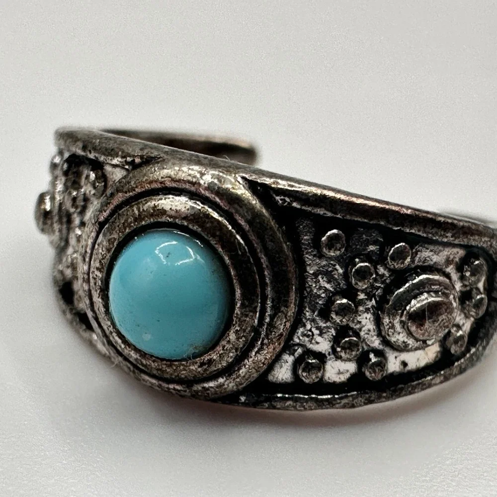 Vintage 90s Silver Tone Blue Glass‎ Cabochon Ring Boho Women's Classic Jewelry